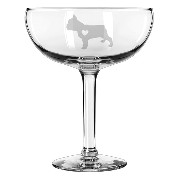 15 oz Coupe Cocktail Glass Gift Champagne Martini Margarita Cute French Bulldog With Heart