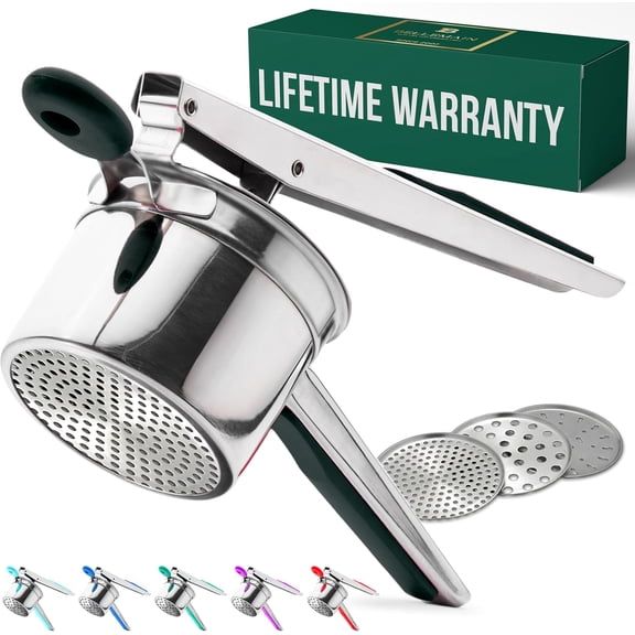 15 oz Large Potato Ricer | Heavy-Duty Stainless Steel Potato Ricer & Masher | Perfect for Mashed Potatoes | Kitchen Tool with 3 Interchangeable Discs (Black)