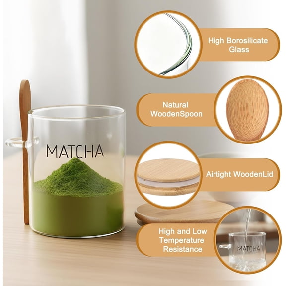15 oz Matcha Glass Container with Airtight Lid Matcha Powder Storage Canister with Wooden Spoon Clear Food Jar for Sugar Coffee Beans Bath Salt Storage Overnight Oats$$Home Decor, Kitchen, & Other