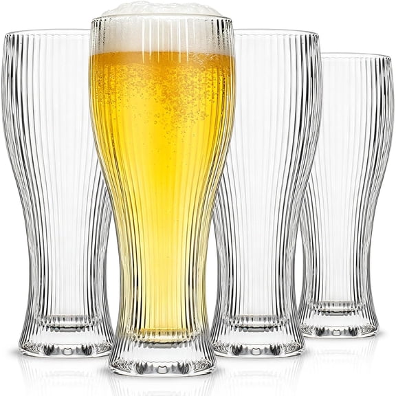 15 oz Pilsner Beer Glasses Set of 4, Classic Tall Beer Glasses for IPA, Pilsner & Craft Beer, Clear Drinking Glasses for Home & Pub Use, Freezer and Dishwasher Safe (Vertical Stripe)