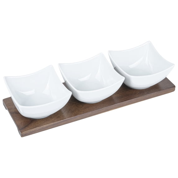 Chef 101 15 oz Rectangle White Porcelain Cocktail Bowl Set - 3 Bowls, Bamboo Tray - 12" x 4" x 2 1/2" - 1 count box