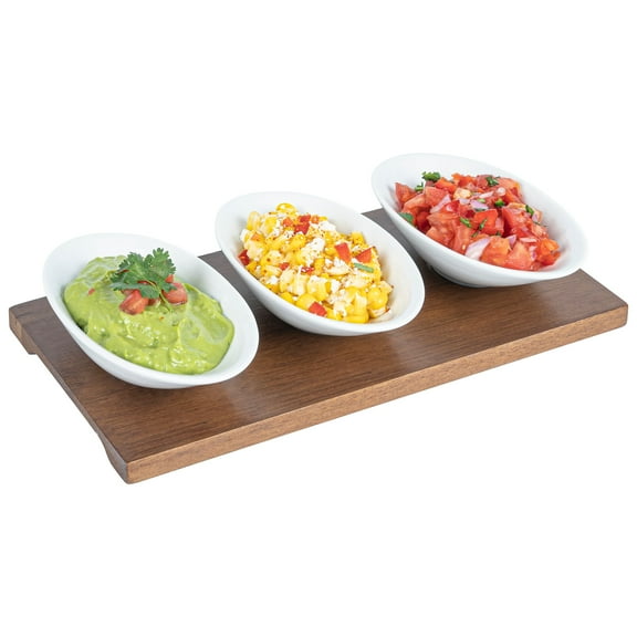 Chef 101 15 oz Rectangle White Porcelain Incline Bowl Set - 3 Bowls, Bamboo Tray - 8 3/4" x 8" x 5" - 1 count box