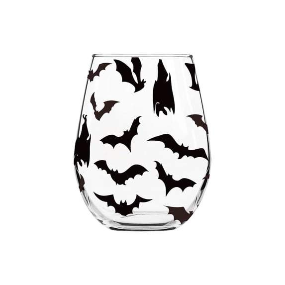 15 oz Stemless Halloween Glass Tumbler, Bat Print Drinking Cup for Water Juice Iced Coffee & Cocktails, Spooky Barware for Party Decor