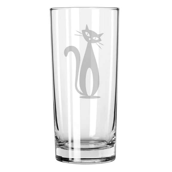15 oz Tall Beverage Drinking Glass Highball Tumbler Gift Atomic Cat Mid Century Modern Cat