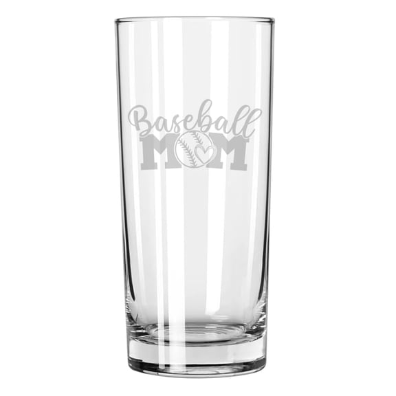 15 oz Tall Beverage Drinking Glass Highball Tumbler Gift Baseball Mom With Heart