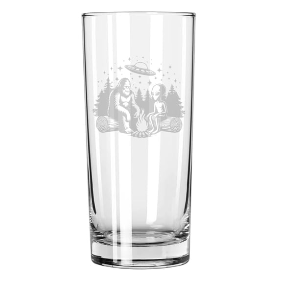 15 oz Tall Beverage Drinking Glass Highball Tumbler Gift Bigfoot Alien UFO Campfire Funny
