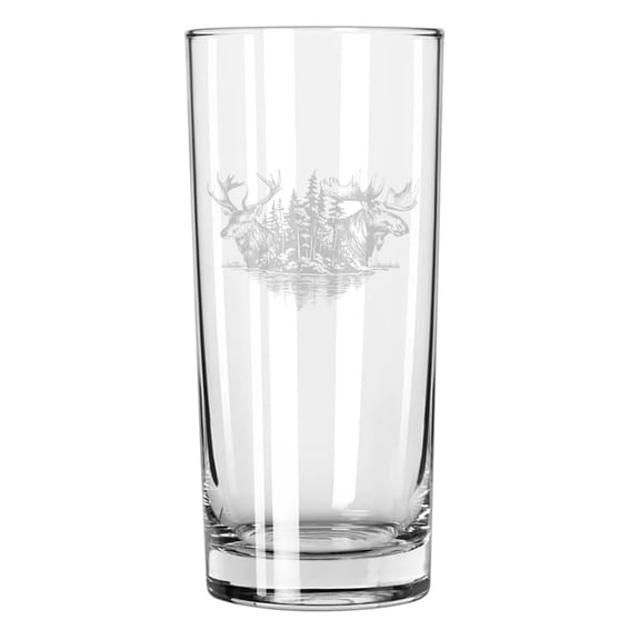 15 oz Tall Beverage Drinking Glass Highball Tumbler Gift Deer & Moose Forest Lake