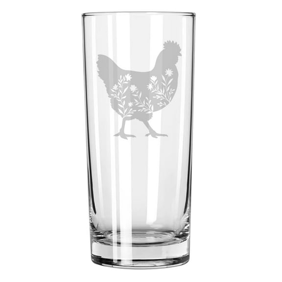 15 oz Tall Beverage Drinking Glass Highball Tumbler Gift Floral Chicken