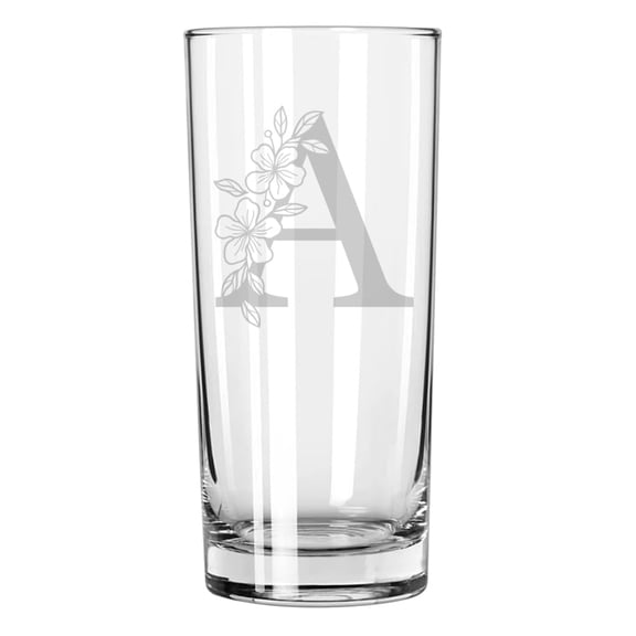 15 oz Tall Beverage Drinking Glass Highball Tumbler Gift Floral Monogram Letters (A)