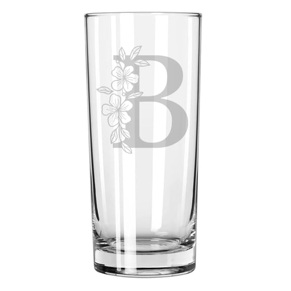 15 oz Tall Beverage Drinking Glass Highball Tumbler Gift Floral Monogram Letters (B)