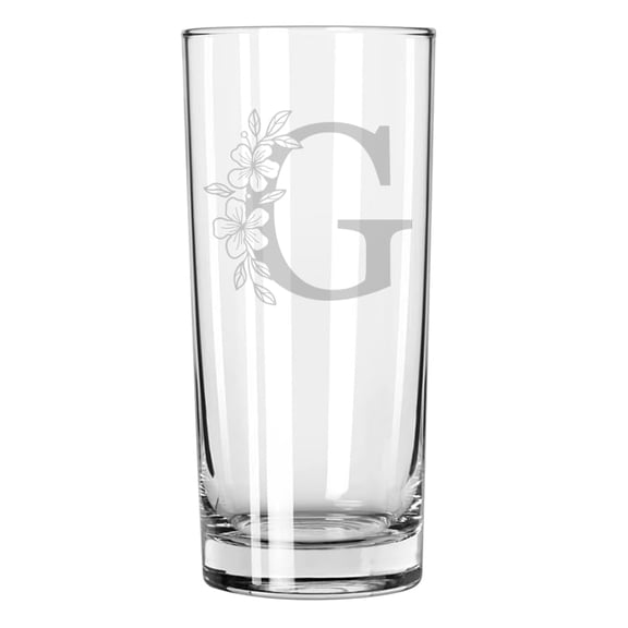 15 oz Tall Beverage Drinking Glass Highball Tumbler Gift Floral Monogram Letters (G)
