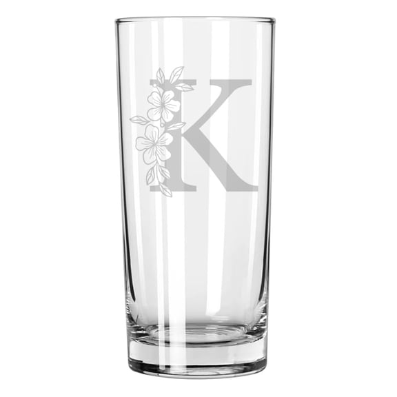 15 oz Tall Beverage Drinking Glass Highball Tumbler Gift Floral Monogram Letters (K)