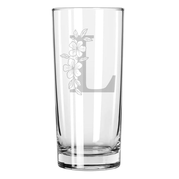 15 oz Tall Beverage Drinking Glass Highball Tumbler Gift Floral Monogram Letters (L)