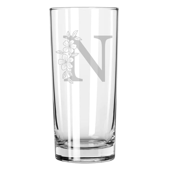 15 oz Tall Beverage Drinking Glass Highball Tumbler Gift Floral Monogram Letters (N)