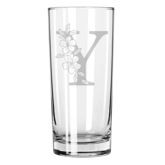15 oz Tall Beverage Drinking Glass Highball Tumbler Gift Floral Monogram Letters (Y)