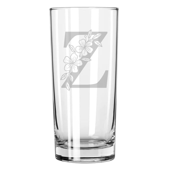 15 oz Tall Beverage Drinking Glass Highball Tumbler Gift Floral Monogram Letters (Z)