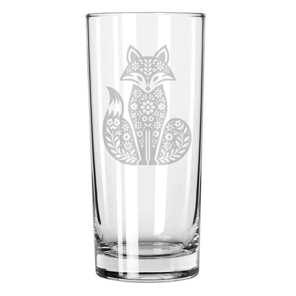 15 oz Tall Beverage Drinking Glass Highball Tumbler Gift Folk Art Fox