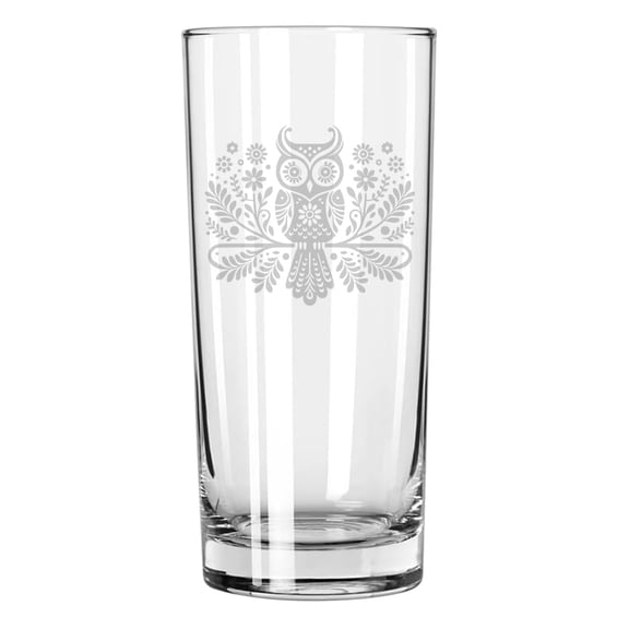 15 oz Tall Beverage Drinking Glass Highball Tumbler Gift Folk Art Owl