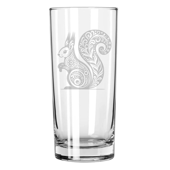 15 oz Tall Beverage Drinking Glass Highball Tumbler Gift Folk Art Squirrel