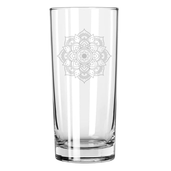 15 oz Tall Beverage Drinking Glass Highball Tumbler Gift Mandala Flower Boho Zen