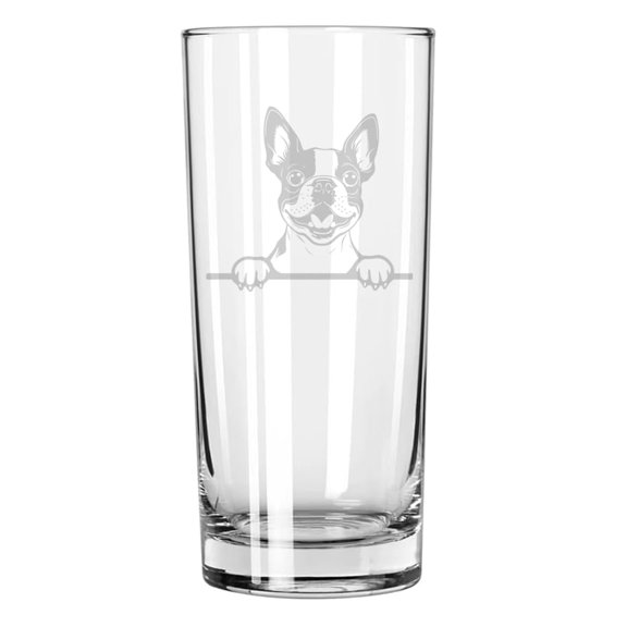 15 oz Tall Beverage Drinking Glass Highball Tumbler Gift Peeking Boston Terrier Dog