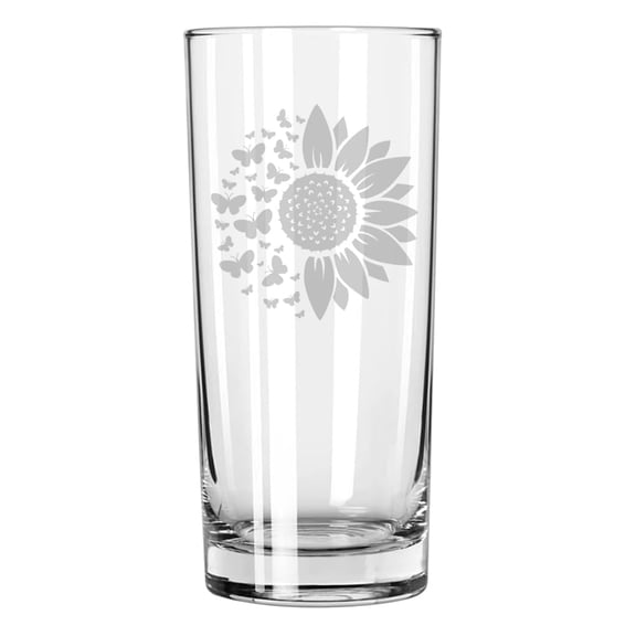 15 oz Tall Beverage Drinking Glass Highball Tumbler Gift Sunflower Butterfly