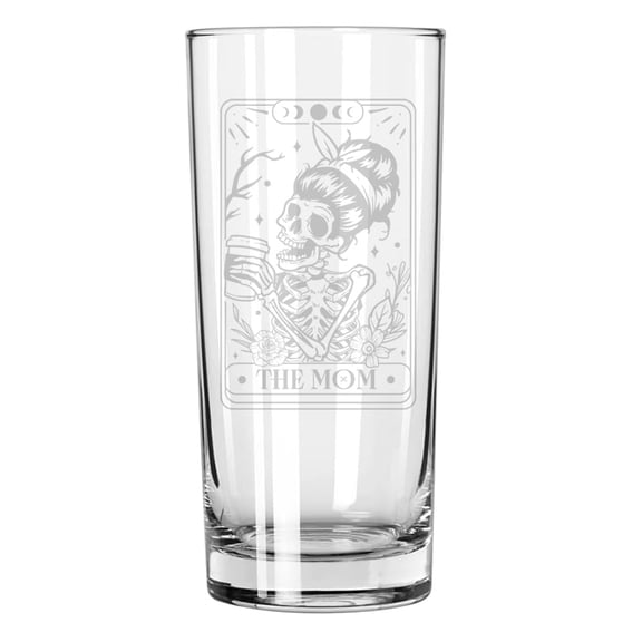 15 oz Tall Beverage Drinking Glass Highball Tumbler Gift Tarot The Mom Skeleton Mother Funny