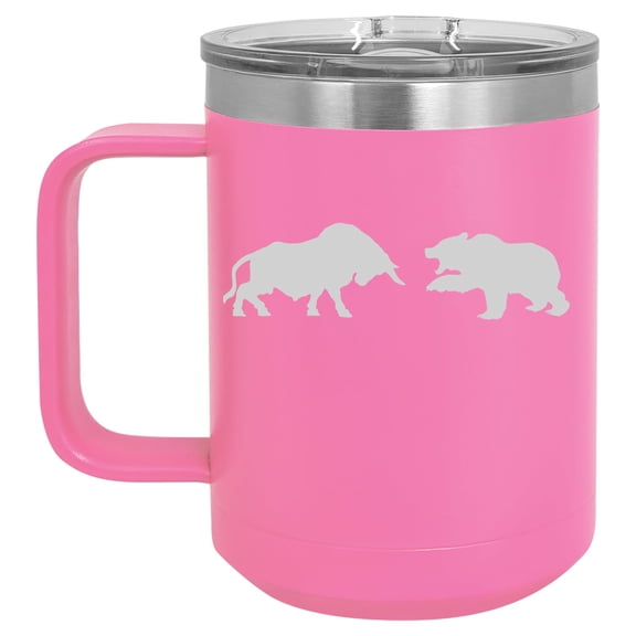 15 oz Tumbler Coffee Mug Travel Cup With Handle & Lid Vacuum Insulated Stainless Steel Bull Vs Bear Stock Market Day Trader (Hot Pink)