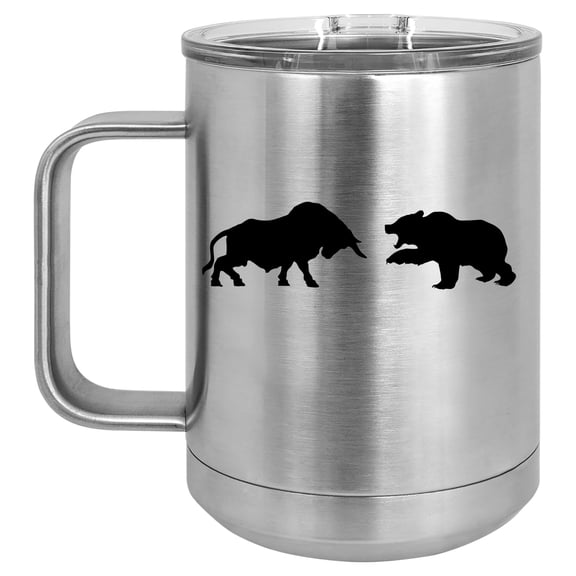 15 oz Tumbler Coffee Mug Travel Cup With Handle & Lid Vacuum Insulated Stainless Steel Bull Vs Bear Stock Market Day Trader (Stainless Steel)