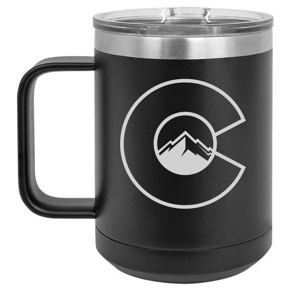 15 oz Tumbler Coffee Mug Travel Cup With Handle & Lid Vacuum Insulated Stainless Steel Colorado Flag with Mountains (Black)