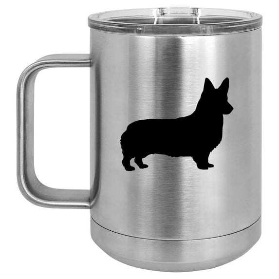 15 oz Tumbler Coffee Mug Travel Cup With Handle & Lid Vacuum Insulated Stainless Steel Corgi (Silver)