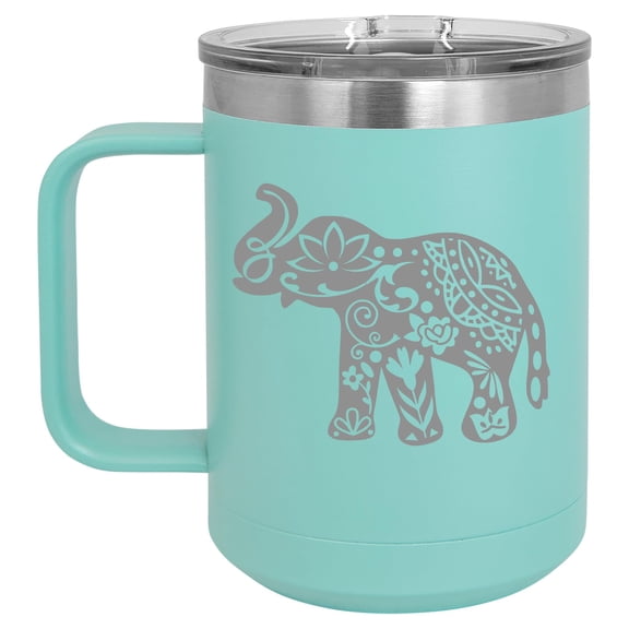 15 oz Tumbler Coffee Mug Travel Cup With Handle & Lid Vacuum Insulated Stainless Steel Cute Elephant (Teal)