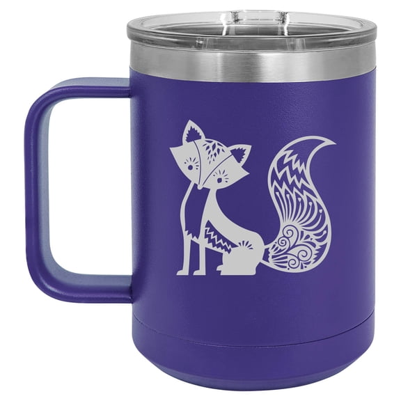 15 oz Tumbler Coffee Mug Travel Cup With Handle & Lid Vacuum Insulated Stainless Steel Fancy Fox (Purple)