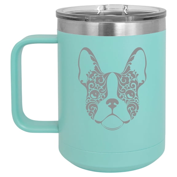 15 oz Tumbler Coffee Mug Travel Cup With Handle & Lid Vacuum Insulated Stainless Steel French Bulldog Floral (Teal)