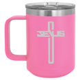 thumbnail image 1 of 15 oz Tumbler Coffee Mug Travel Cup With Handle & Lid Vacuum Insulated Stainless Steel Jesus Cross (Hot Pink), 1 of 1