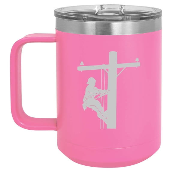 15 oz Tumbler Coffee Mug Travel Cup With Handle & Lid Vacuum Insulated Stainless Steel Lineman Electric Pole Climber (Hot Pink)