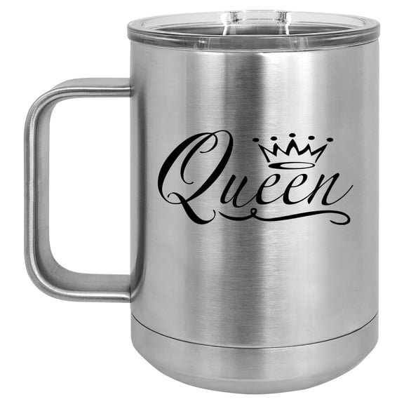 15 oz Tumbler Coffee Mug Travel Cup With Handle & Lid Vacuum Insulated Stainless Steel Queen Fancy (Silver)