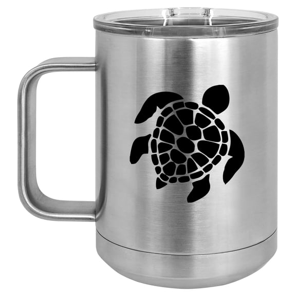15 oz Tumbler Coffee Mug Travel Cup With Handle & Lid Vacuum Insulated Stainless Steel Sea Turtle (Silver)
