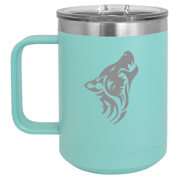 15 oz Tumbler Coffee Mug Travel Cup With Handle & Lid Vacuum Insulated Stainless Steel Tribal Wolf (Teal)