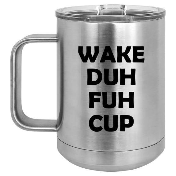 15 oz Tumbler Coffee Mug Travel Cup With Handle & Lid Vacuum Insulated Stainless Steel Wake Duh Fuh Cup (Silver)