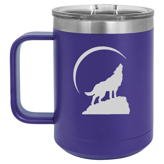 15 oz Tumbler Coffee Mug Travel Cup With Handle & Lid Vacuum Insulated Stainless Steel Wolf Howling At Moon (Purple)