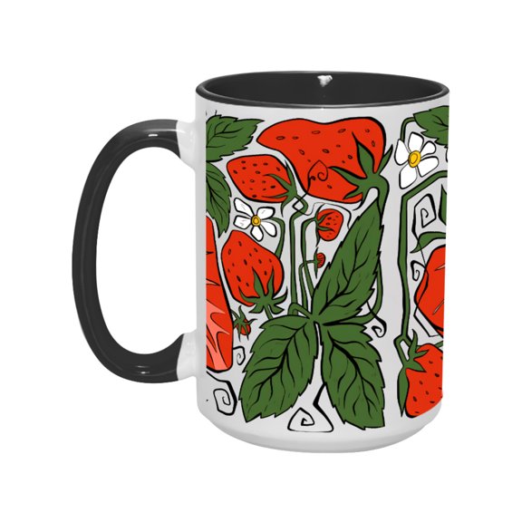 15 oz strawberry pattern ceramic coffee cup - double-sided design, featuring strawberry, sunflower, and blueberry patterns, novel and unique - ideal for birthday, festival, and New Year gifts, suitab