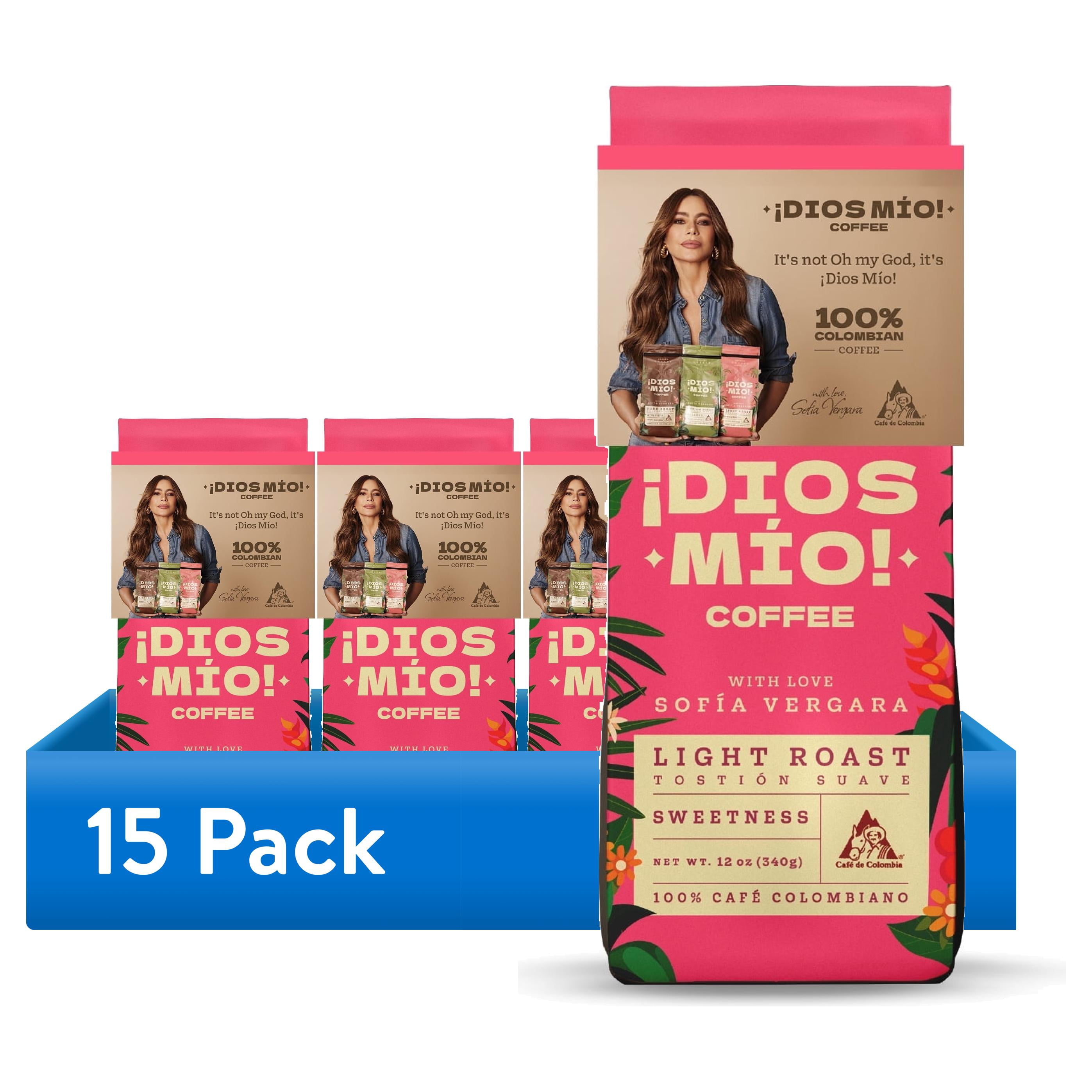 (15 pack) Dios Mio Coffee By Sofia Vergara, Premium Ground Colombian Coffee, Light Roast , 12oz, Bag
