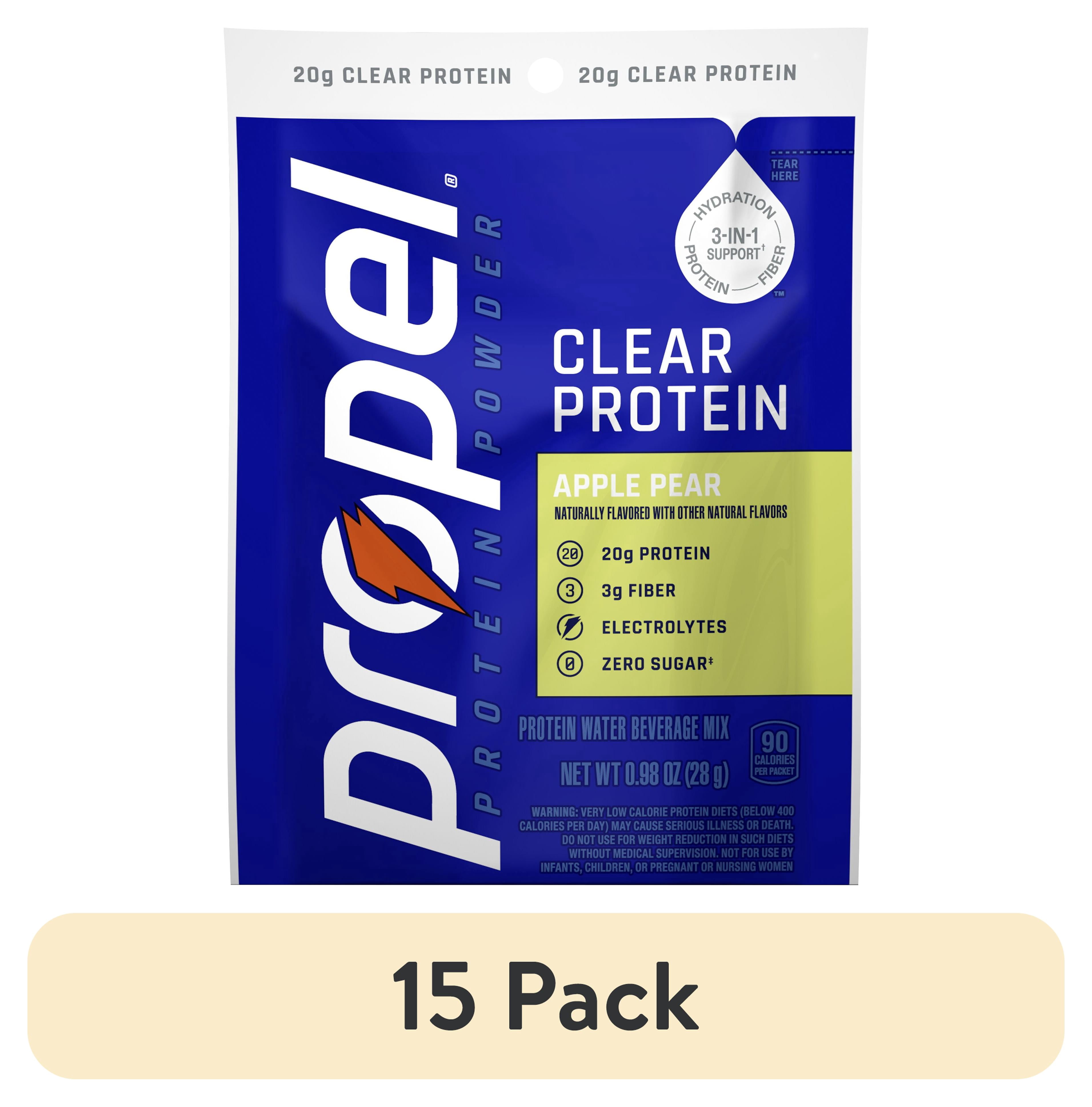 (15 pack) Propel Clear Protein Powder, 20g Protein, Zero Sugar, Apple Pear, Powdered Clear Protein Drink Mix 0.98 oz