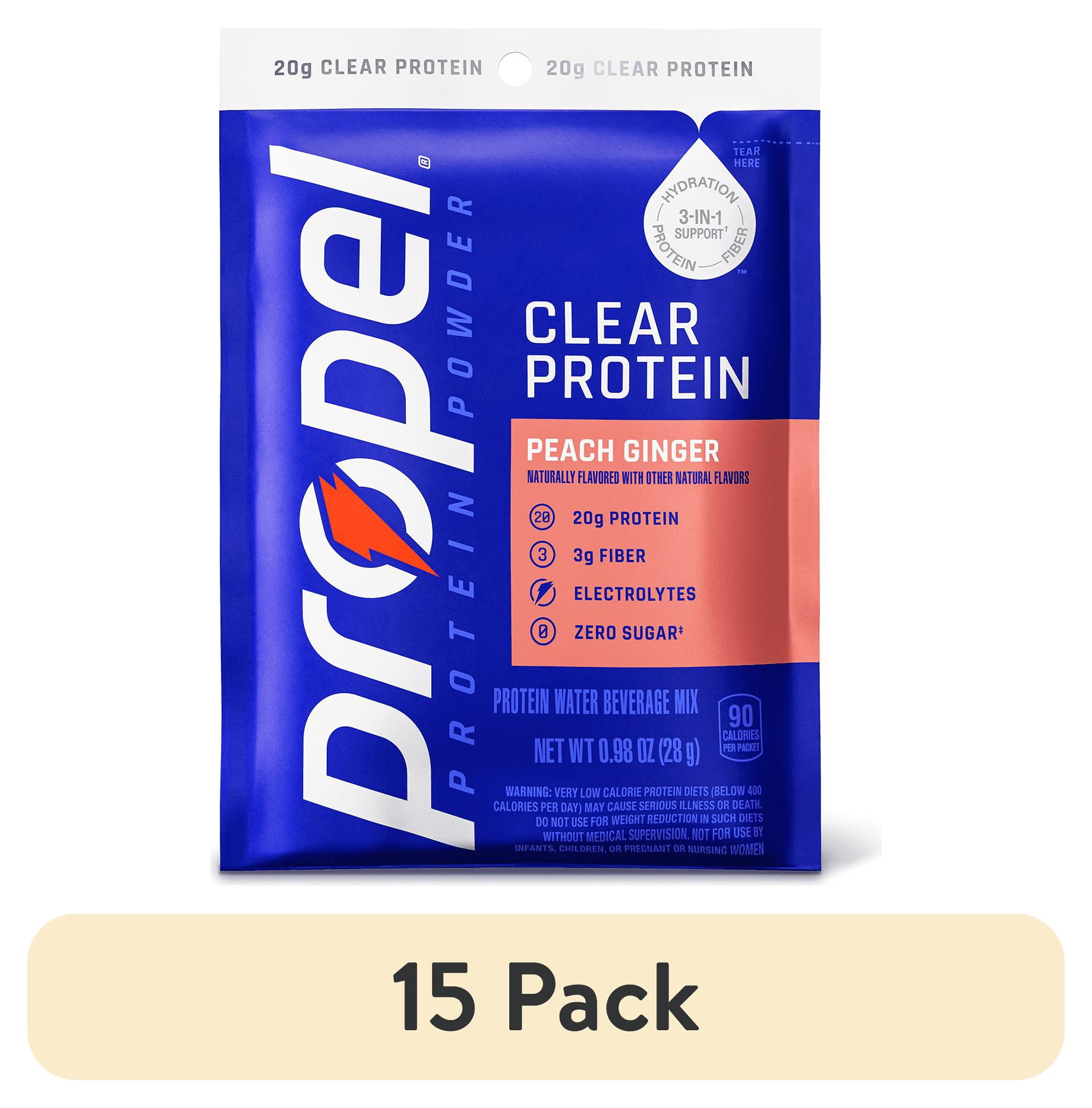 (15 pack) Propel Clear Protein, 20g Protein, Zero Sugar, Peach Ginger, Powdered Clear Protein Drink Mix, 0.98 oz