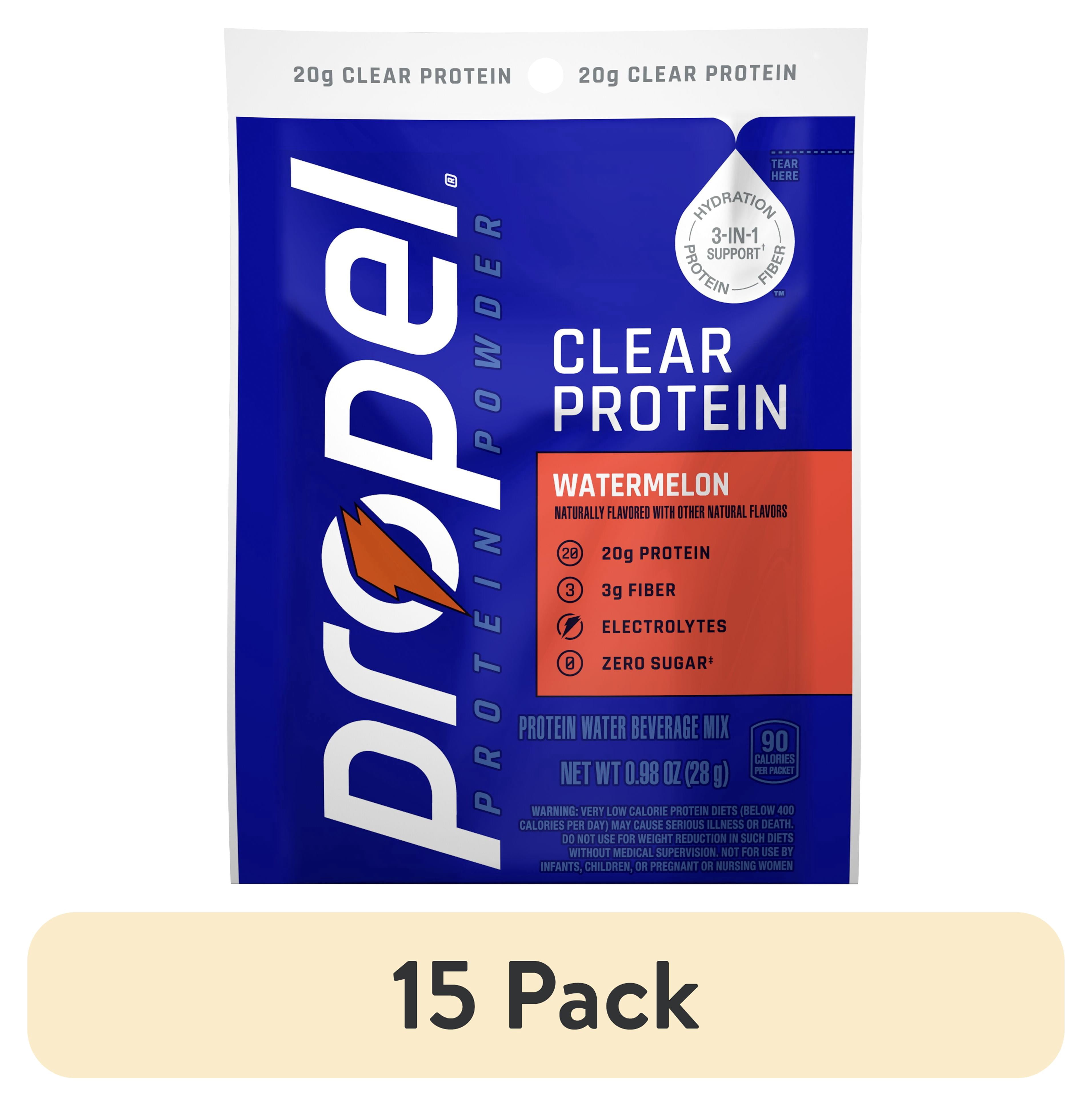 (15 pack) Propel Clear Protein, 20g Protein, Zero Sugar, Watermelon, Powdered Clear Protein Drink Mix, 0.98 oz