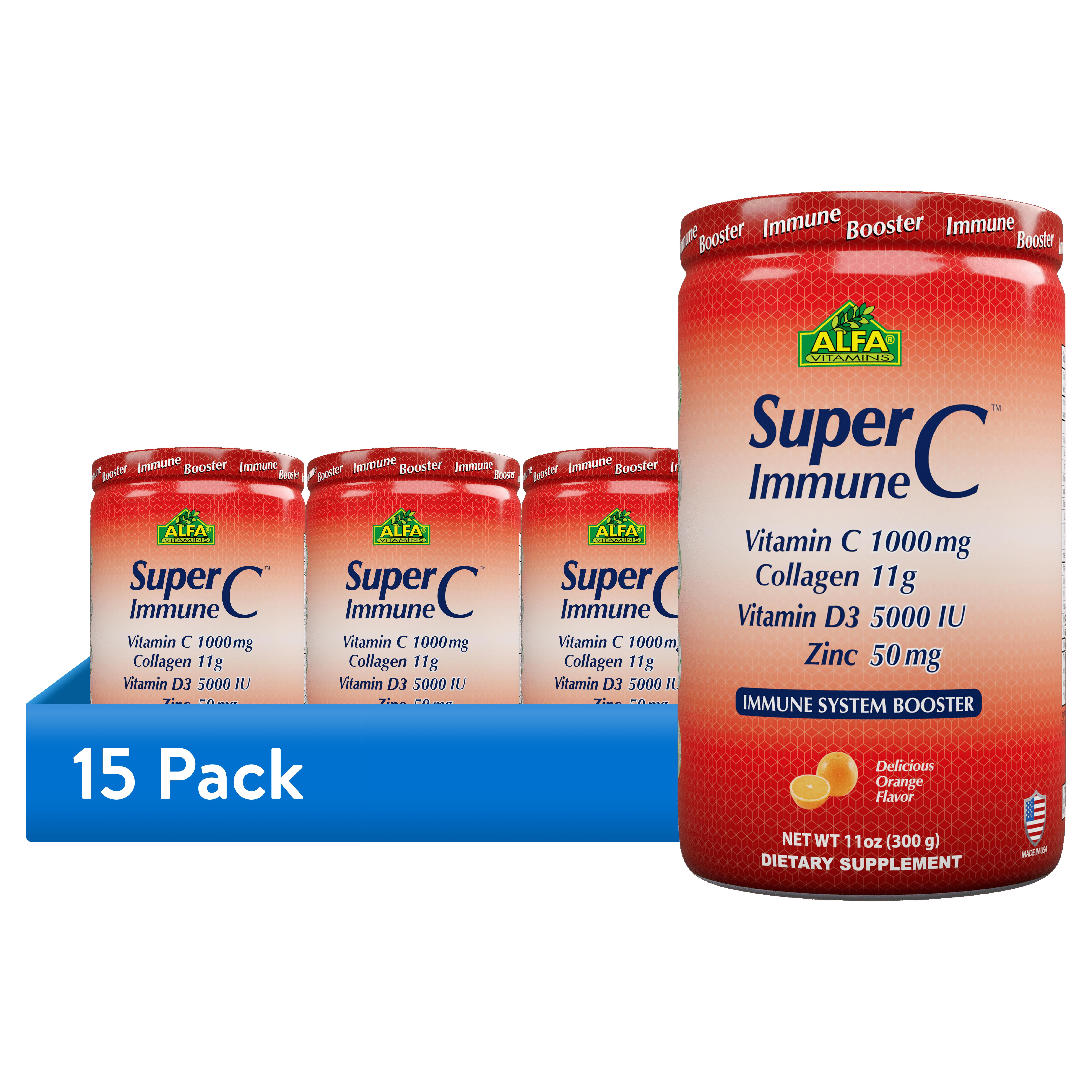 (15 pack) Super Immune C Powder Mix Formula by Alfa Vitamins with Vitamin C, Collagen, Vitamin & Zinc 50 mg - Orange Flavor 11 oz Jar