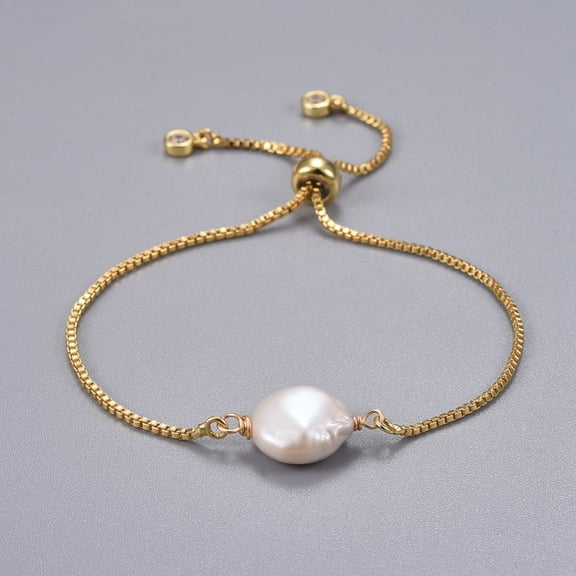 15 pc Brass Slider Bracelets Bolo Bracelets with Natural Baroque Pearl Keshi Pearl Beads White 9 inch(23cm) 1.3mm