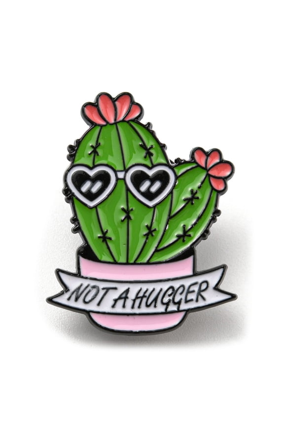 15 pc Cactus with Word Not A Hugger Enamel Pins Electrophoresis Black Alloy Brooch Green 27.5x21.5x1.5mm