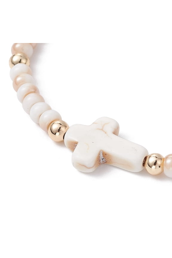 15 pc Cross Turquoise & Glass Bead Bracelets Adjustable Nylon Thread Bracelets for Women Beige Inner Diameter: 2~3-1/2 inch(5~8.8cm)